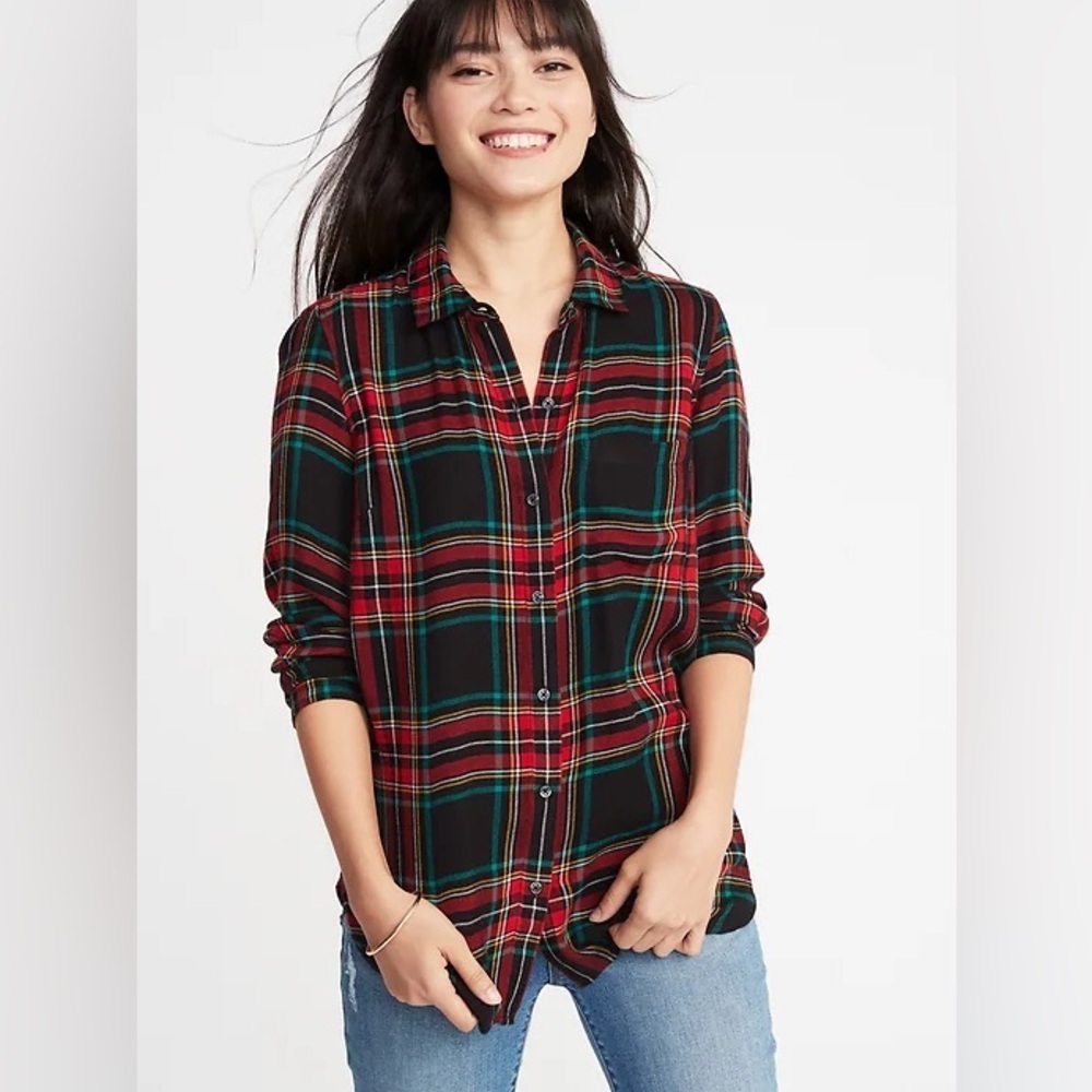 Old Navy Black Plaid Relaxed Classic Shirt Twill Button Up Top Womens XL Winter